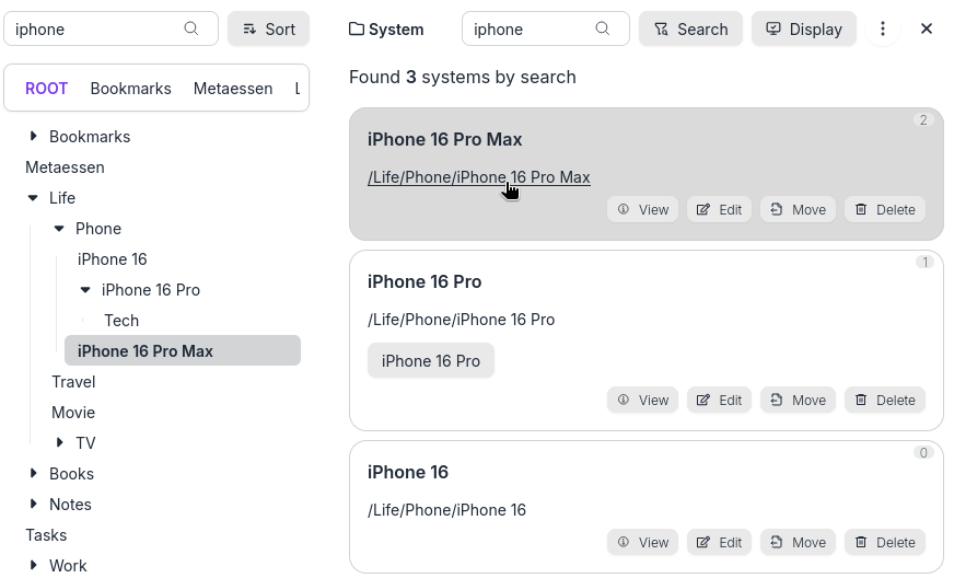 Search systems and click system path to navigate and select the system in the system tree