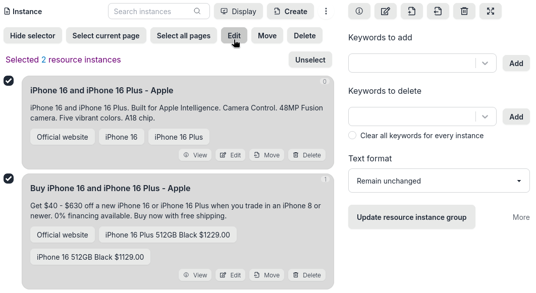 Select and edit group of instances
