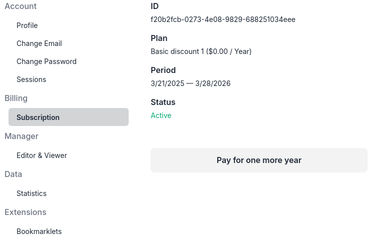 Subscription settings page