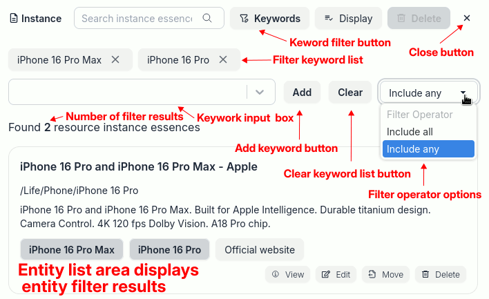 UI for entity filter results