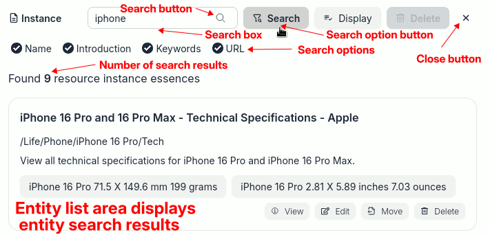 UI for entity search results