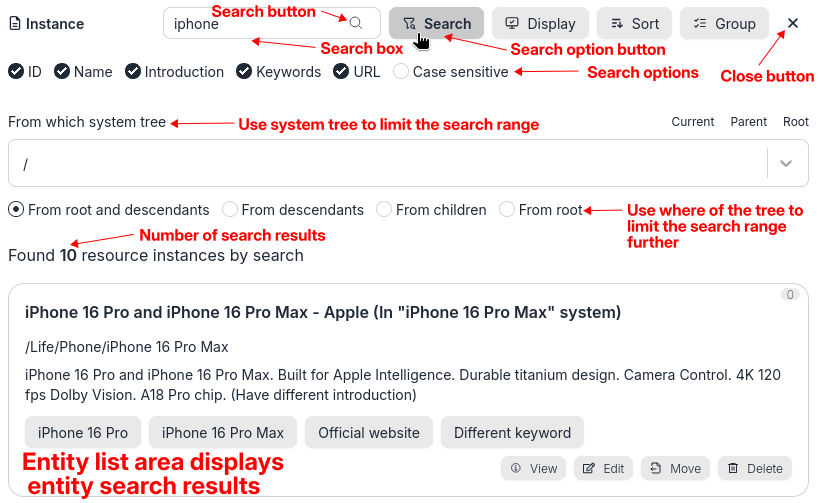UI for entity search results